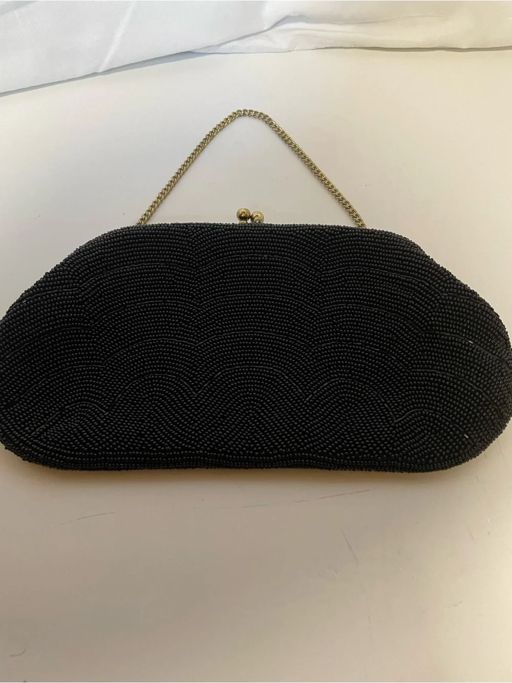 Black Beaded Evening Clutch with Gold Chain Handle